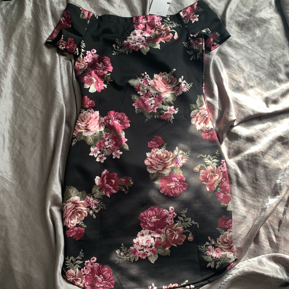 Short black with pink flowers dress